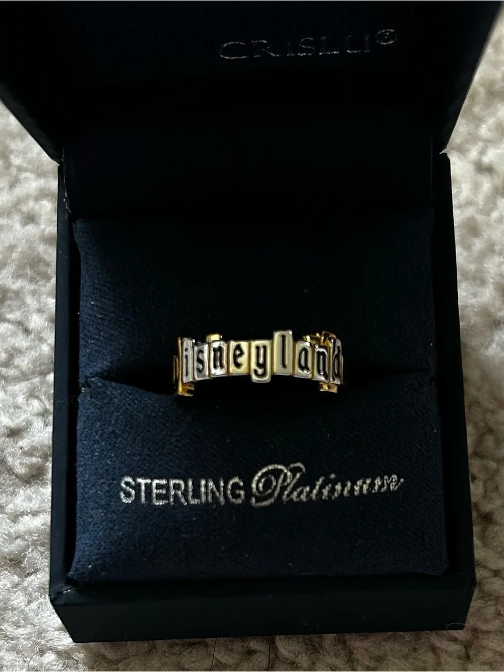 CRISLU Disney Sterling Platinum Gold Ring Disneyland Marquee New Size 7
